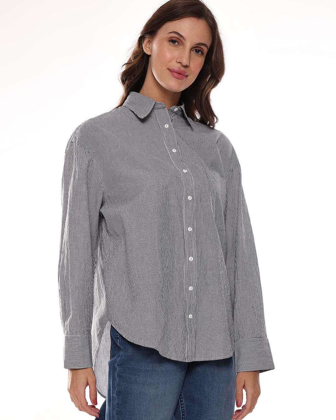 Amayra Black & White Striped Cotton Oversized Shirt for Women - Brussels Fit from GAZILLION - Right Side Look