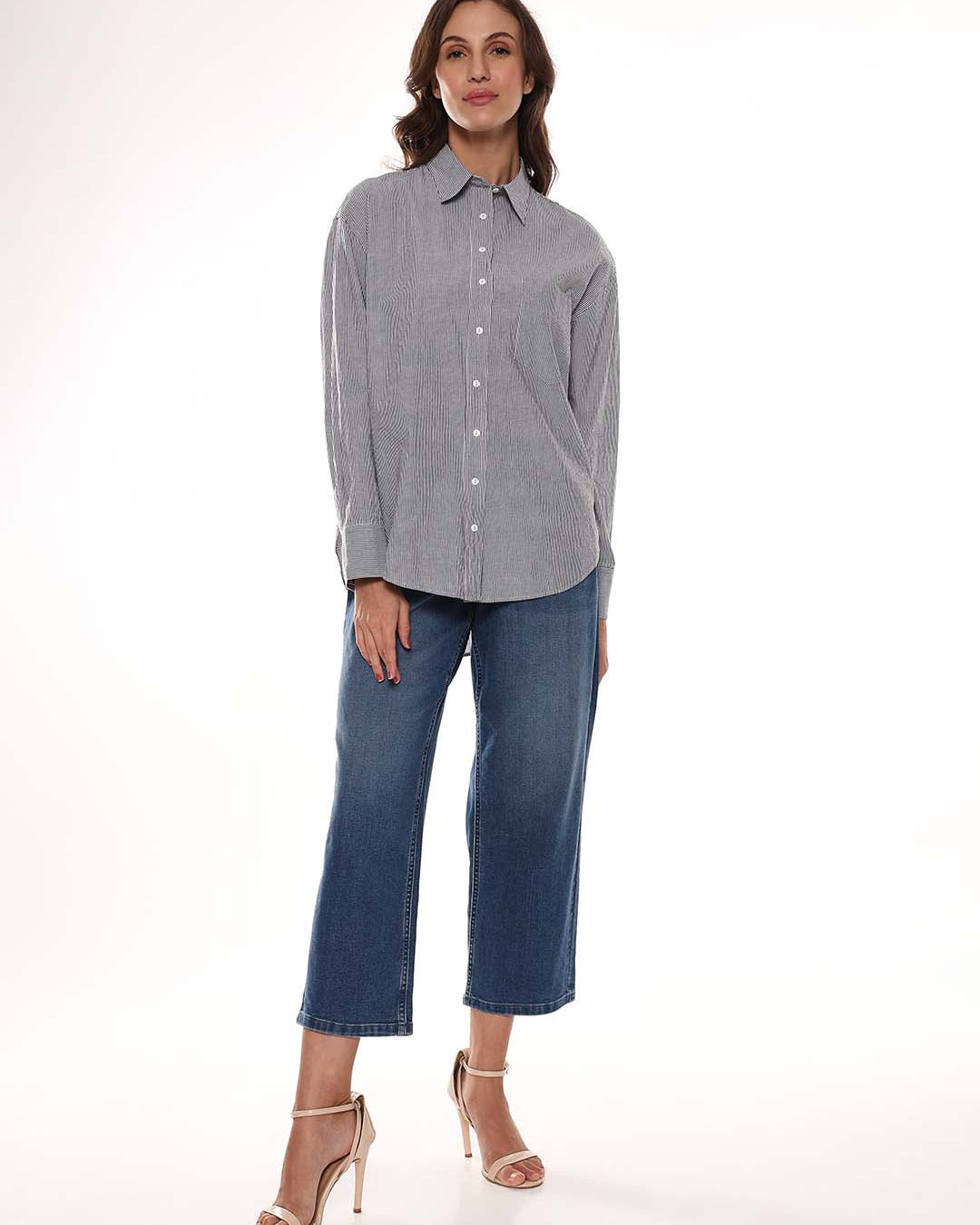 Amayra Black & White Striped Cotton Oversized Shirt for Women - Brussels Fit from GAZILLION - Standing Stylised Look