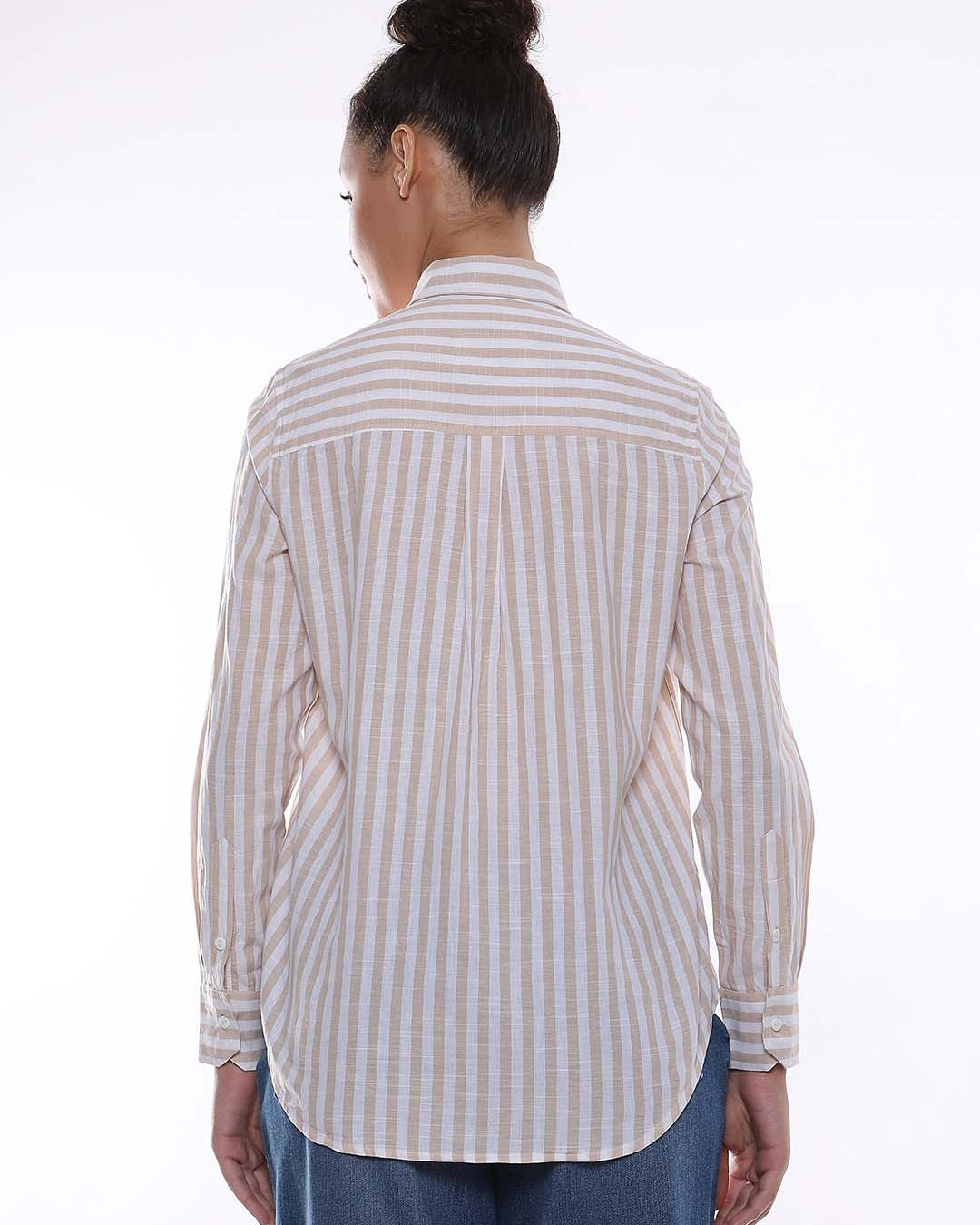 Amber Beige & White Striped Cotton Shirt for Women - Zurich Fit from GAZILLION - Back Look