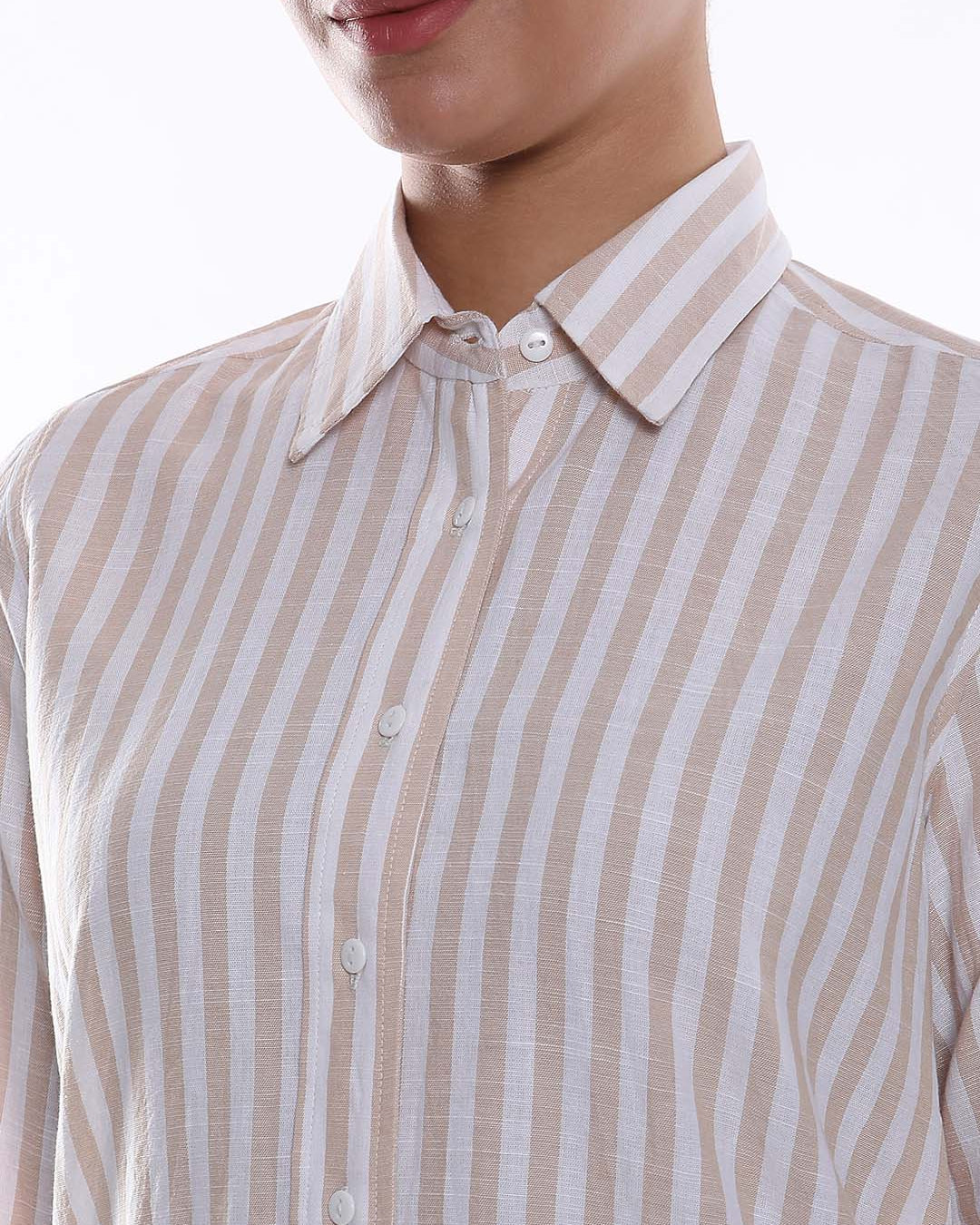 Amber Beige & White Striped Cotton Shirt for Women - Zurich Fit from GAZILLION - Front Detail