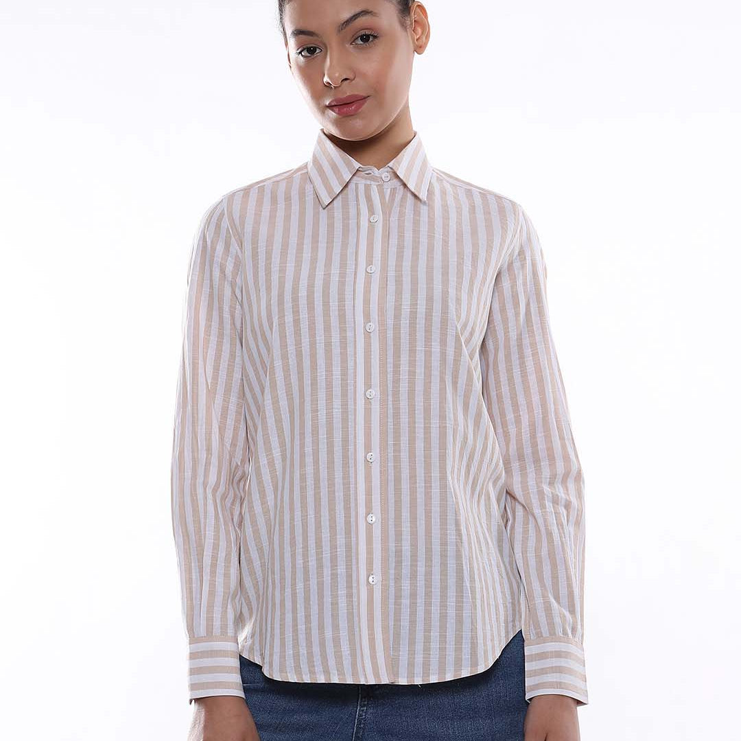 Amber Beige & White Striped Cotton Shirt for Women - Zurich Fit from GAZILLION - Front Look