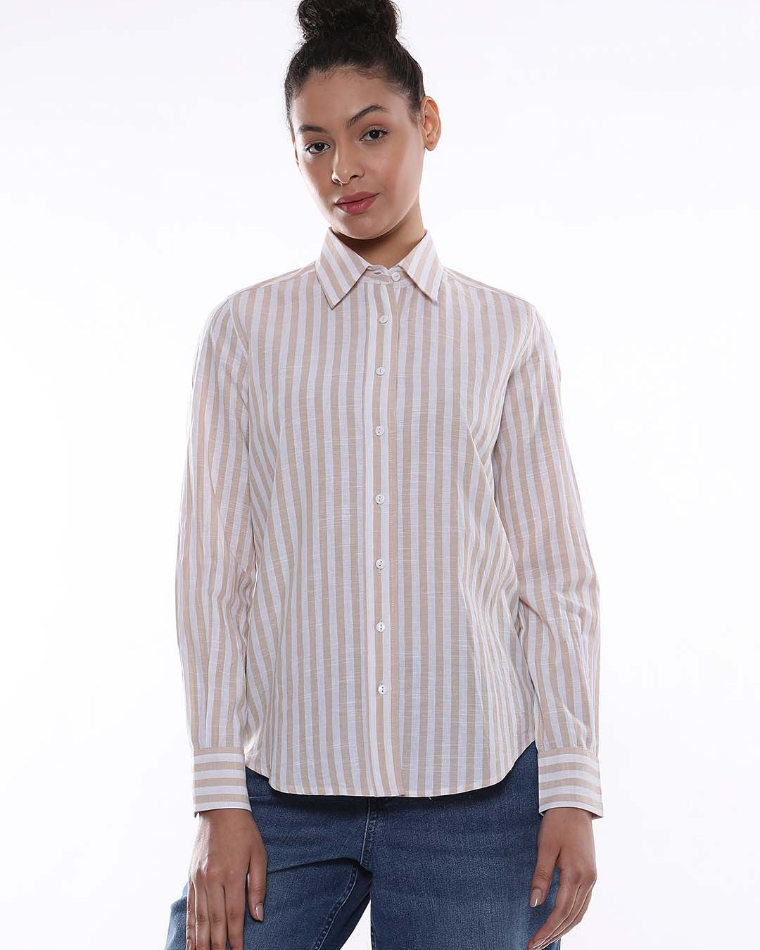 Amber Beige & White Striped Cotton Shirt for Women - Zurich Fit from GAZILLION - Front Look