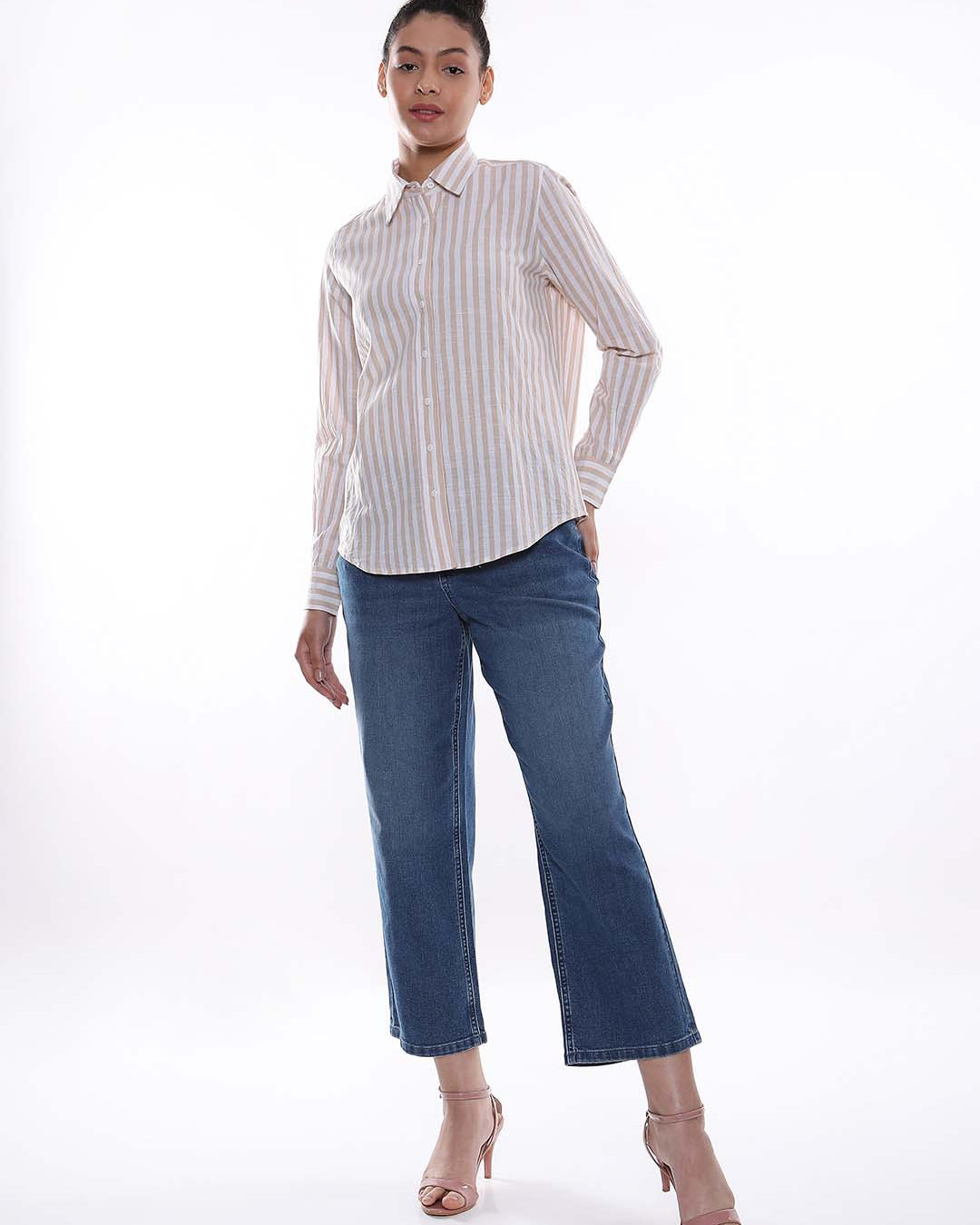 Amber Beige & White Striped Cotton Shirt for Women - Zurich Fit from GAZILLION - Full Standing Stylised Look