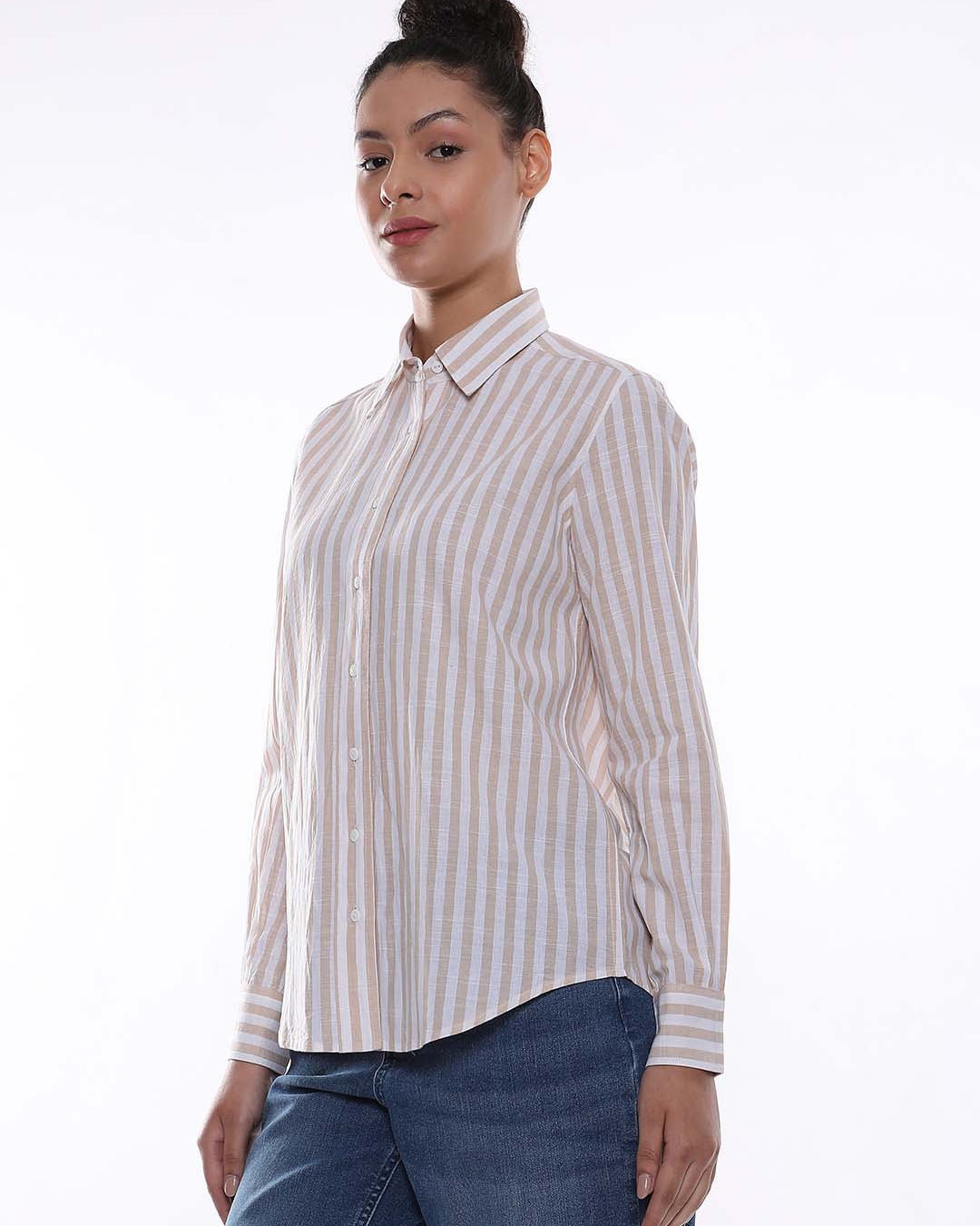 Amber Beige & White Striped Cotton Shirt for Women - Zurich Fit from GAZILLION - Left Side Look