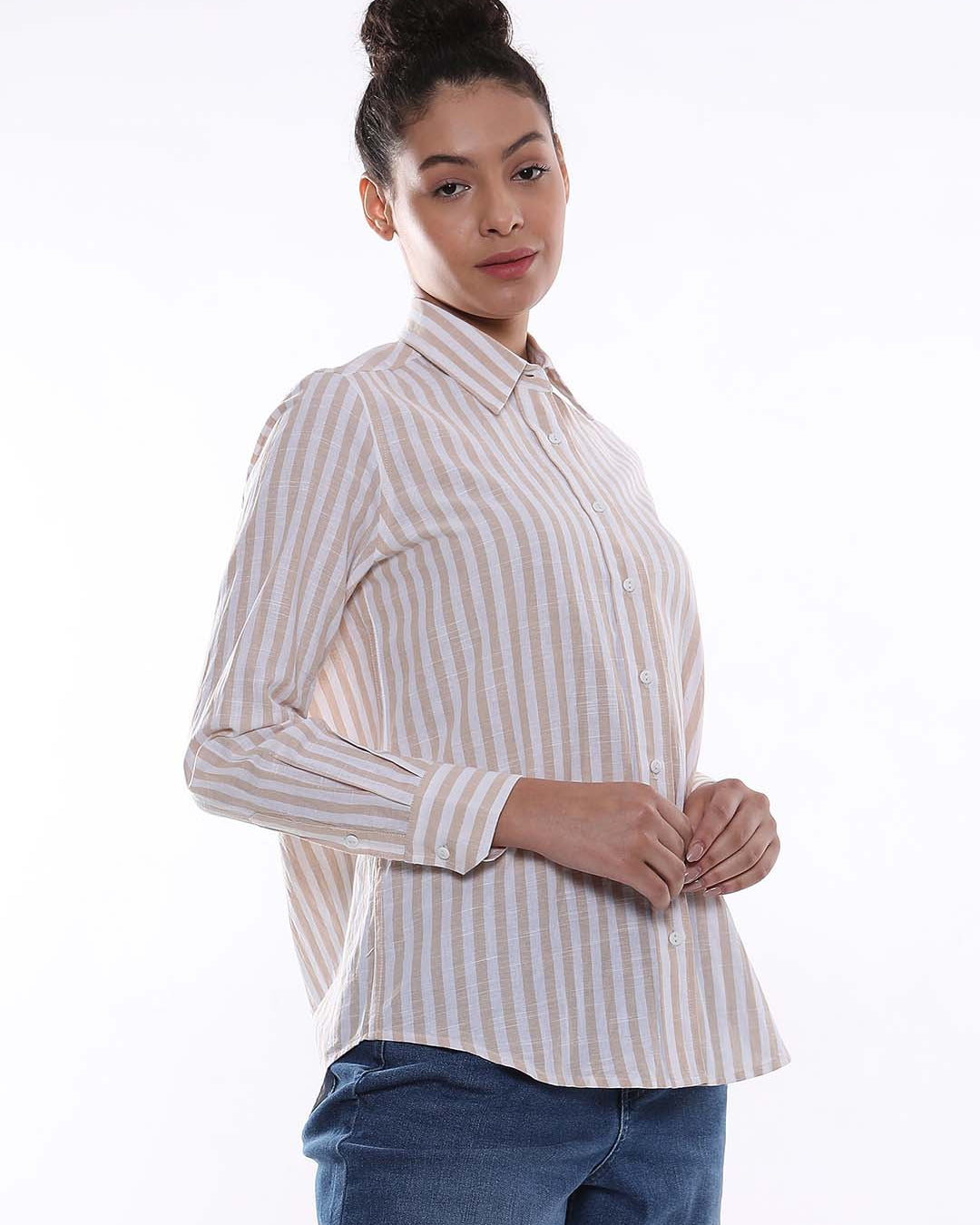 Amber Beige & White Striped Cotton Shirt for Women - Zurich Fit from GAZILLION - Right Side Look