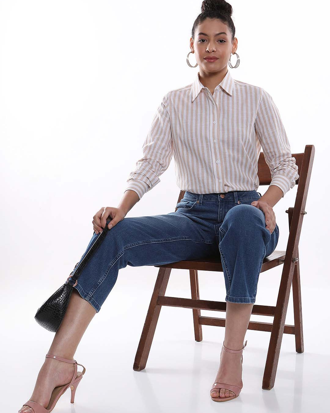 Amber Beige & White Striped Cotton Shirt for Women - Zurich Fit from GAZILLION - Seated Stylised Look