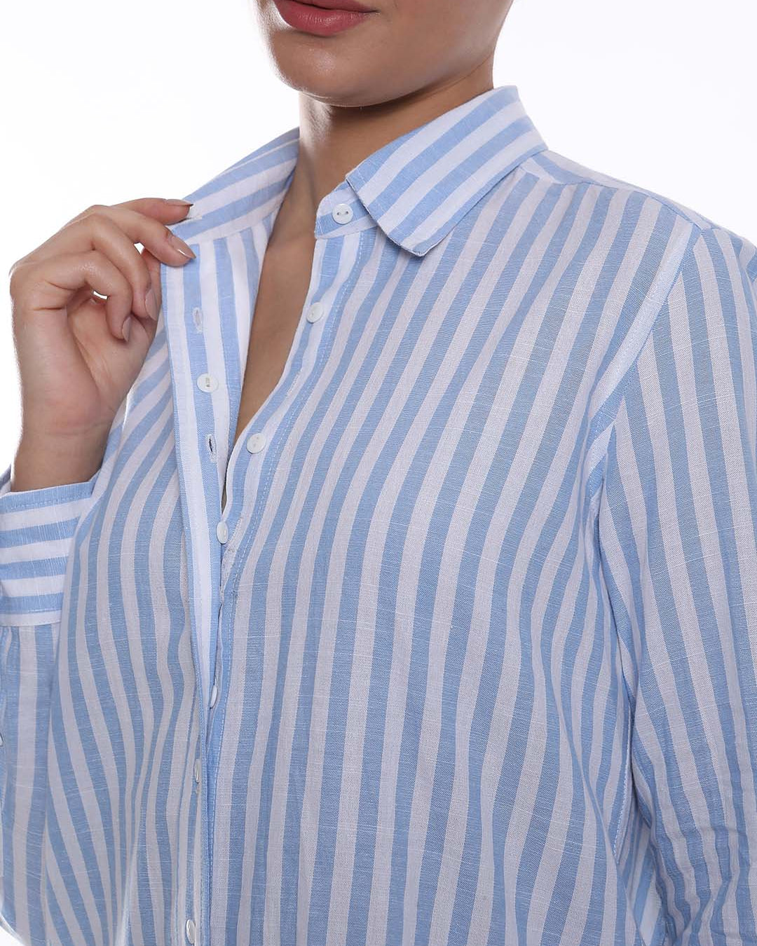 Amber Blue & White Striped Cotton Shirt for Women - Zurich Fit from GAZILLION - Dignity Buttons Detail