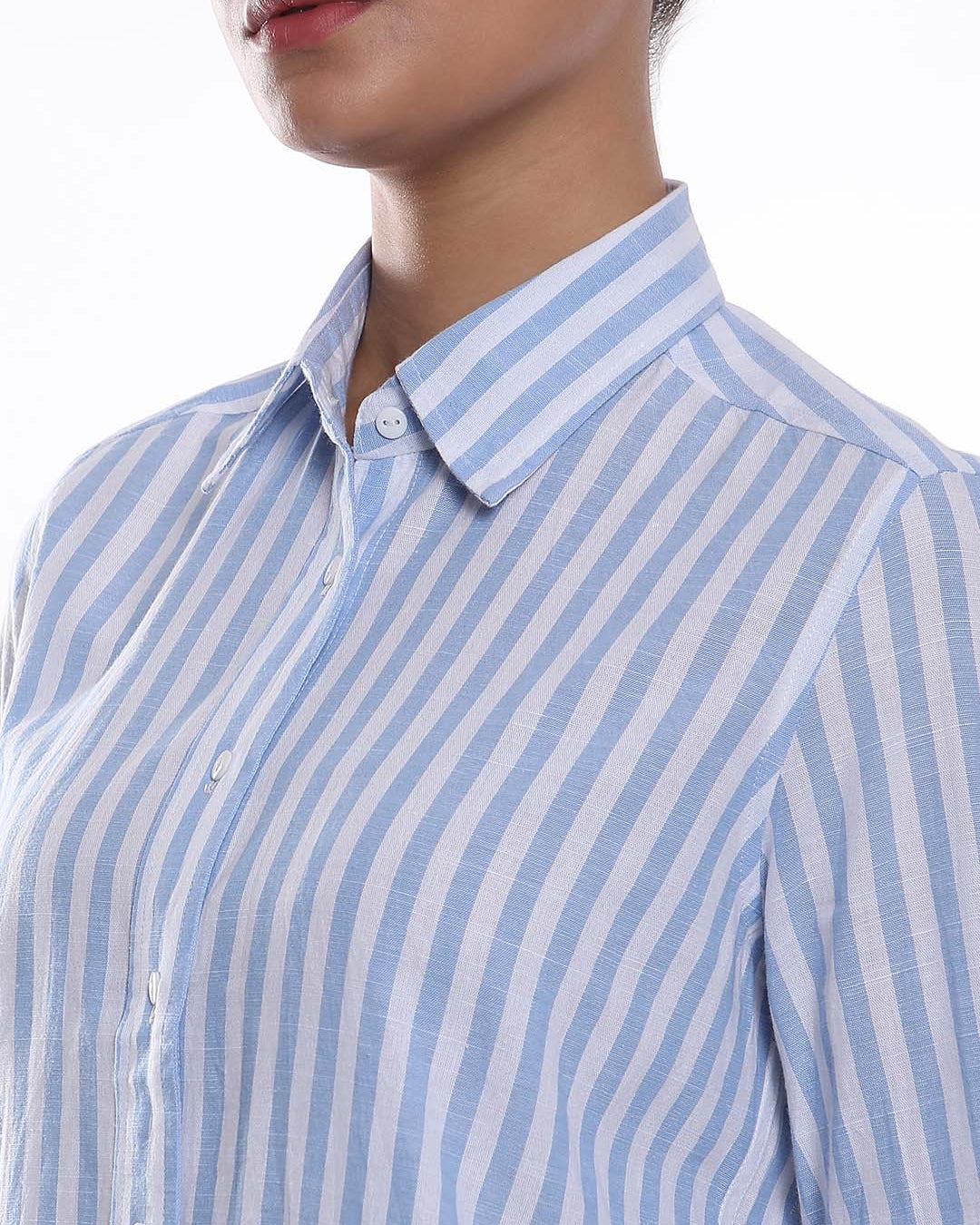 Amber Blue & White Striped Cotton Shirt for Women - Zurich Fit from GAZILLION - Front Detail
