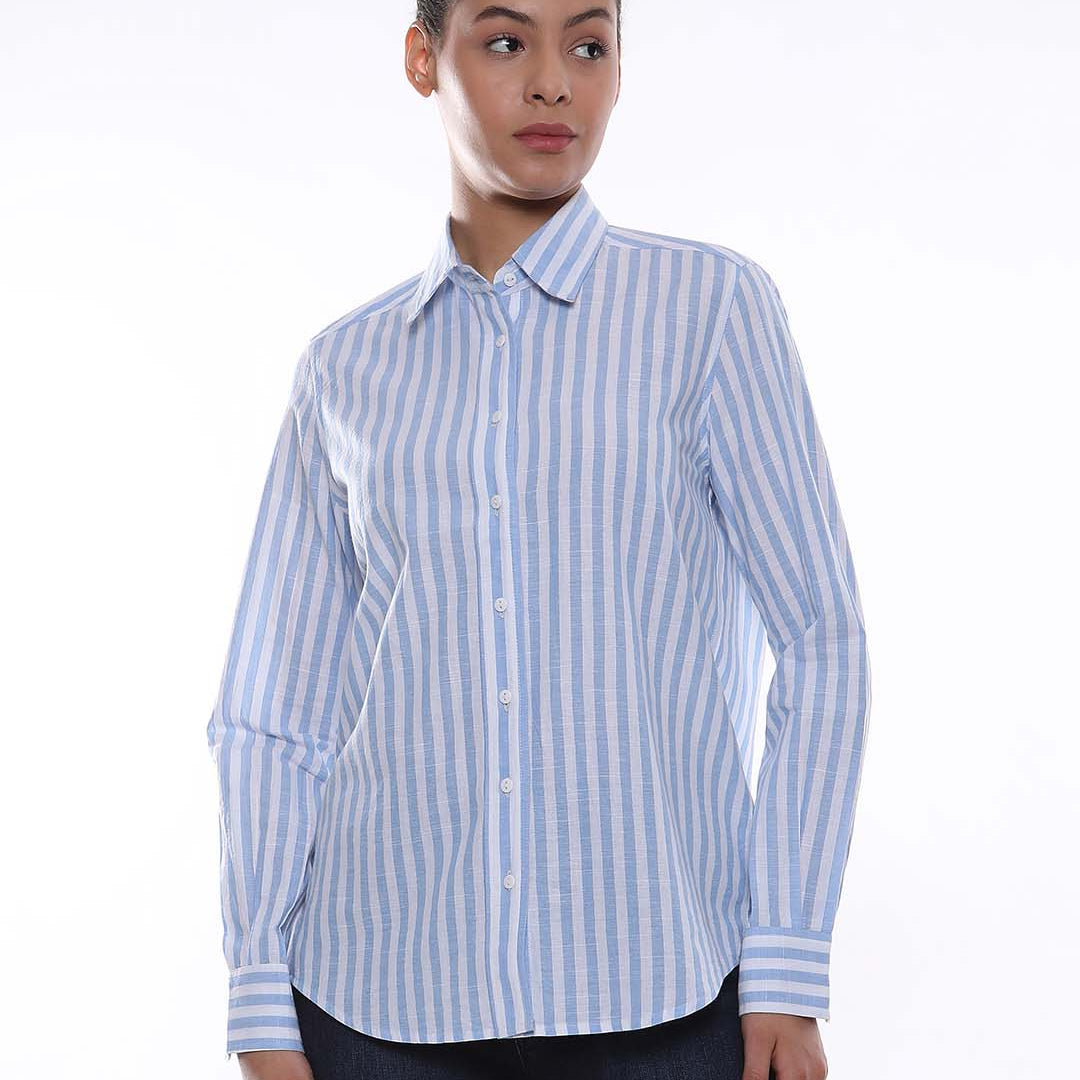 Amber Blue & White Striped Cotton Shirt for Women - Zurich Fit from GAZILLION - Front Look