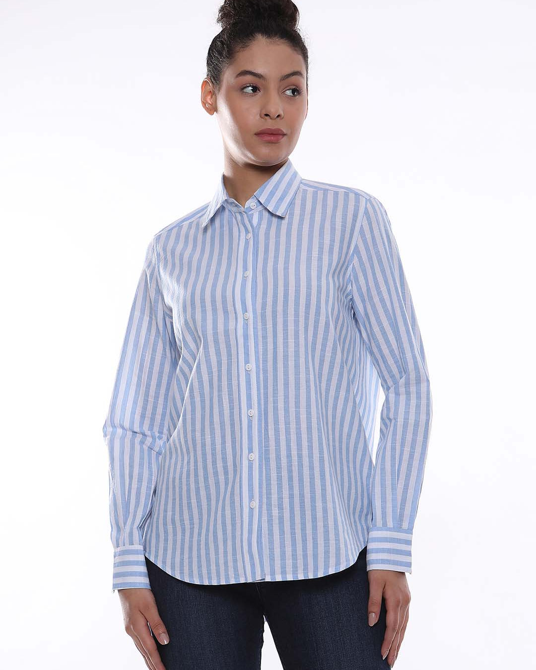 Amber Blue & White Striped Cotton Shirt for Women - Zurich Fit from GAZILLION - Front Look