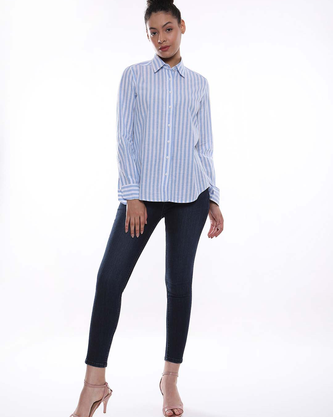 Amber Blue & White Striped Cotton Shirt for Women - Zurich Fit from GAZILLION - Full Standing Stylised Look