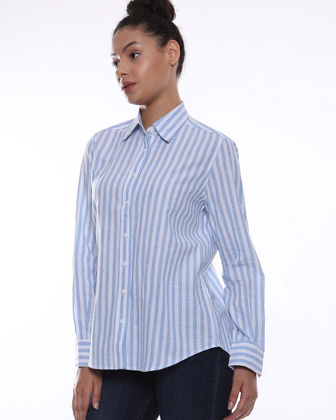 Amber Blue & White Striped Cotton Shirt for Women - Zurich Fit from GAZILLION - Left Side Look