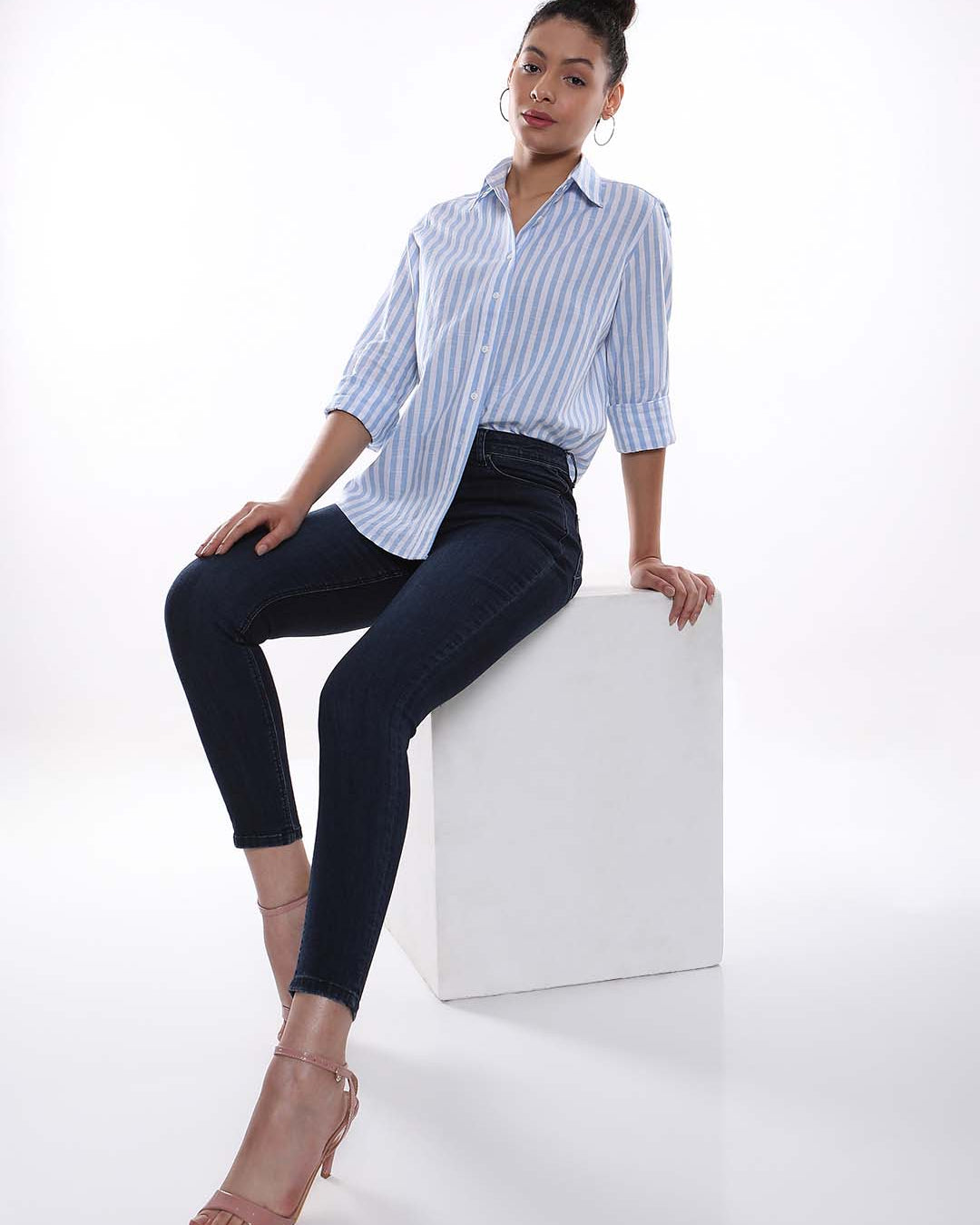 Amber Blue & White Striped Cotton Shirt for Women - Zurich Fit from GAZILLION - Standing Stylised Look With Accessories