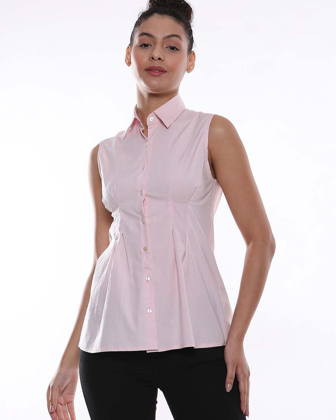 Amelia Baby Pink Sleeveless Cotton Shirt for Women - London Fit from GAZILLION - Front Look