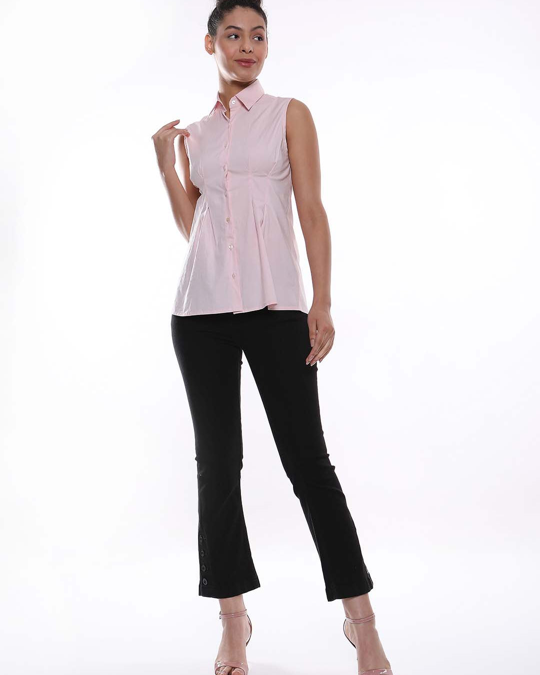 Amelia Baby Pink Sleeveless Cotton Shirt for Women - London Fit from GAZILLION - Full Standing Stylised Look