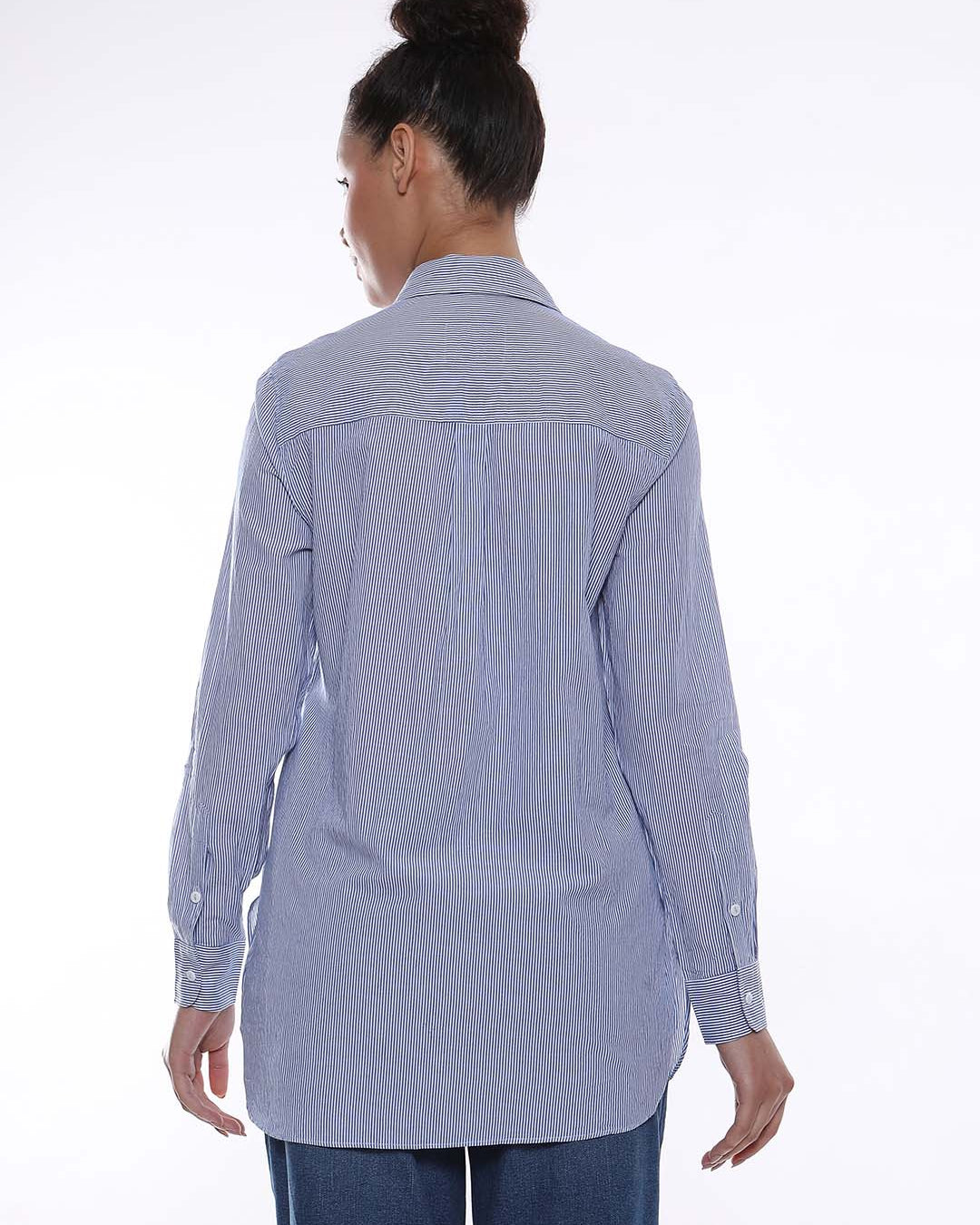 Amy Blue & White Striped Cotton Long Shirt for Women - Rome Fit from GAZILLION - Back Look