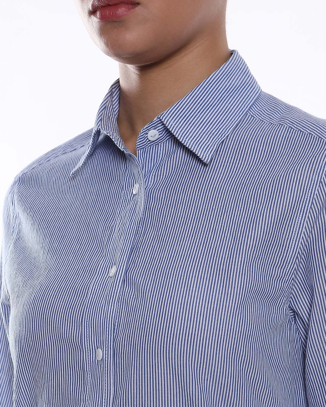 Amy Blue & White Striped Cotton Long Shirt for Women - Rome Fit from GAZILLION - Front Detail