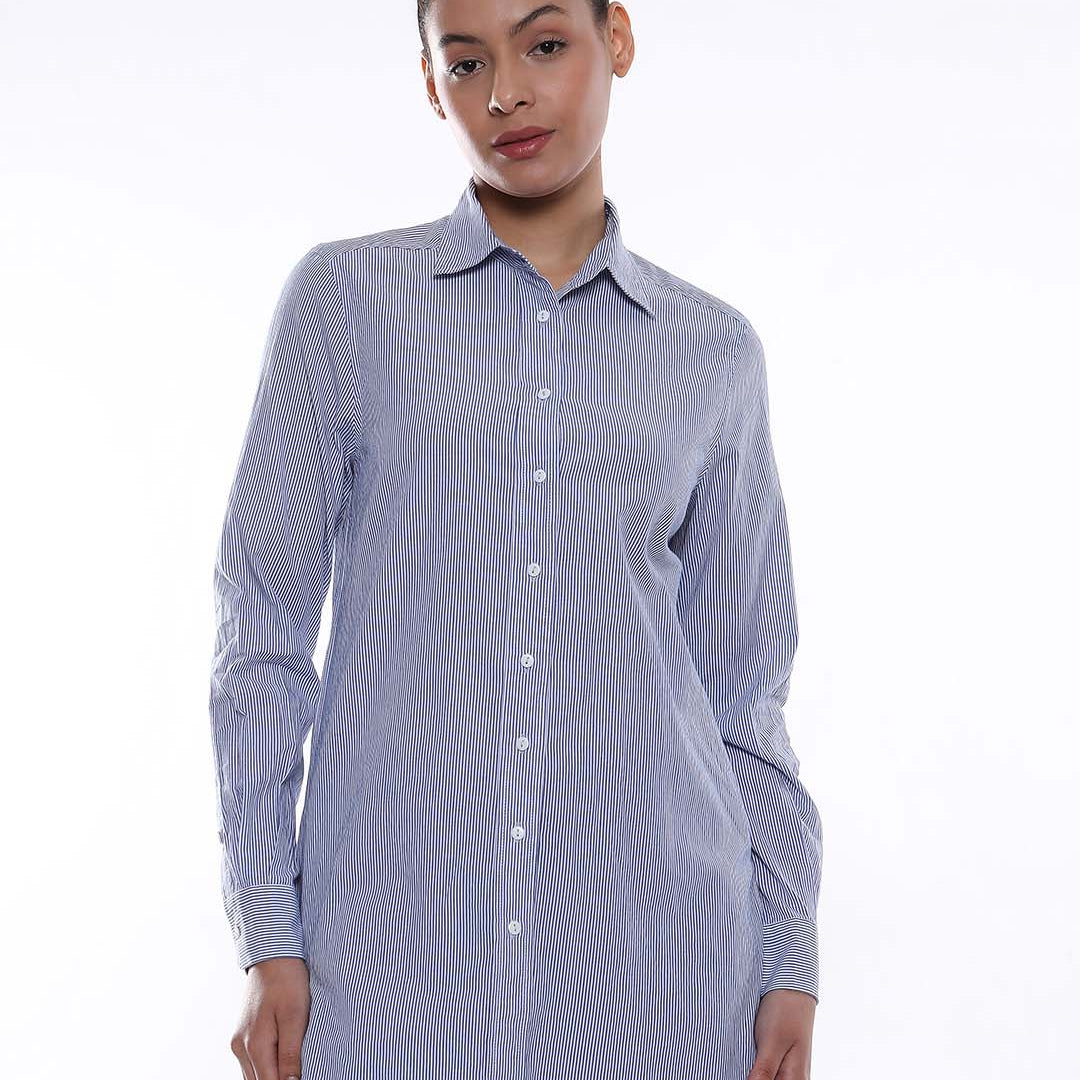 Amy Blue & White Striped Cotton Long Shirt for Women - Rome Fit from GAZILLION - Front Look
