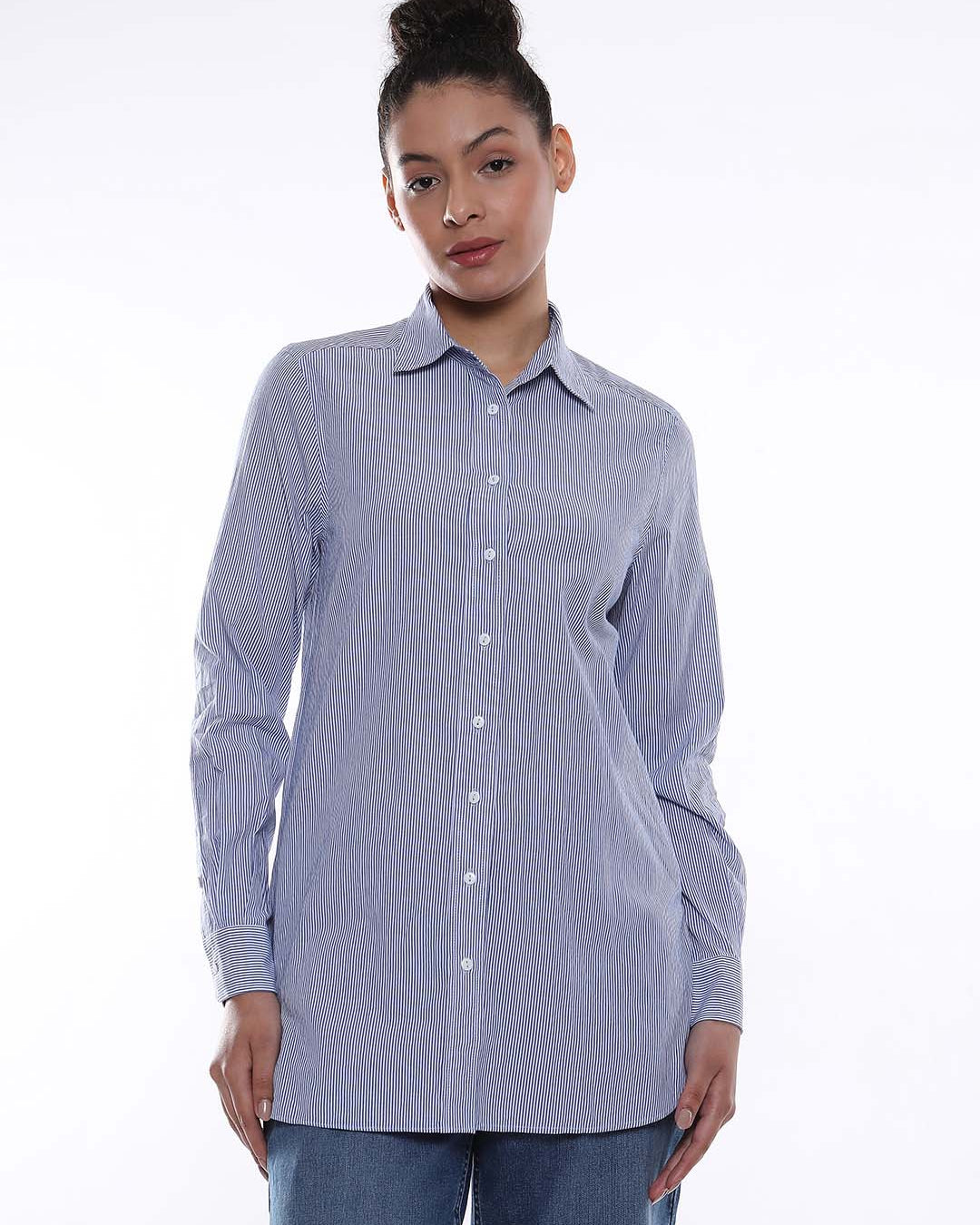 Amy Blue & White Striped Cotton Long Shirt for Women - Rome Fit from GAZILLION - Front Look