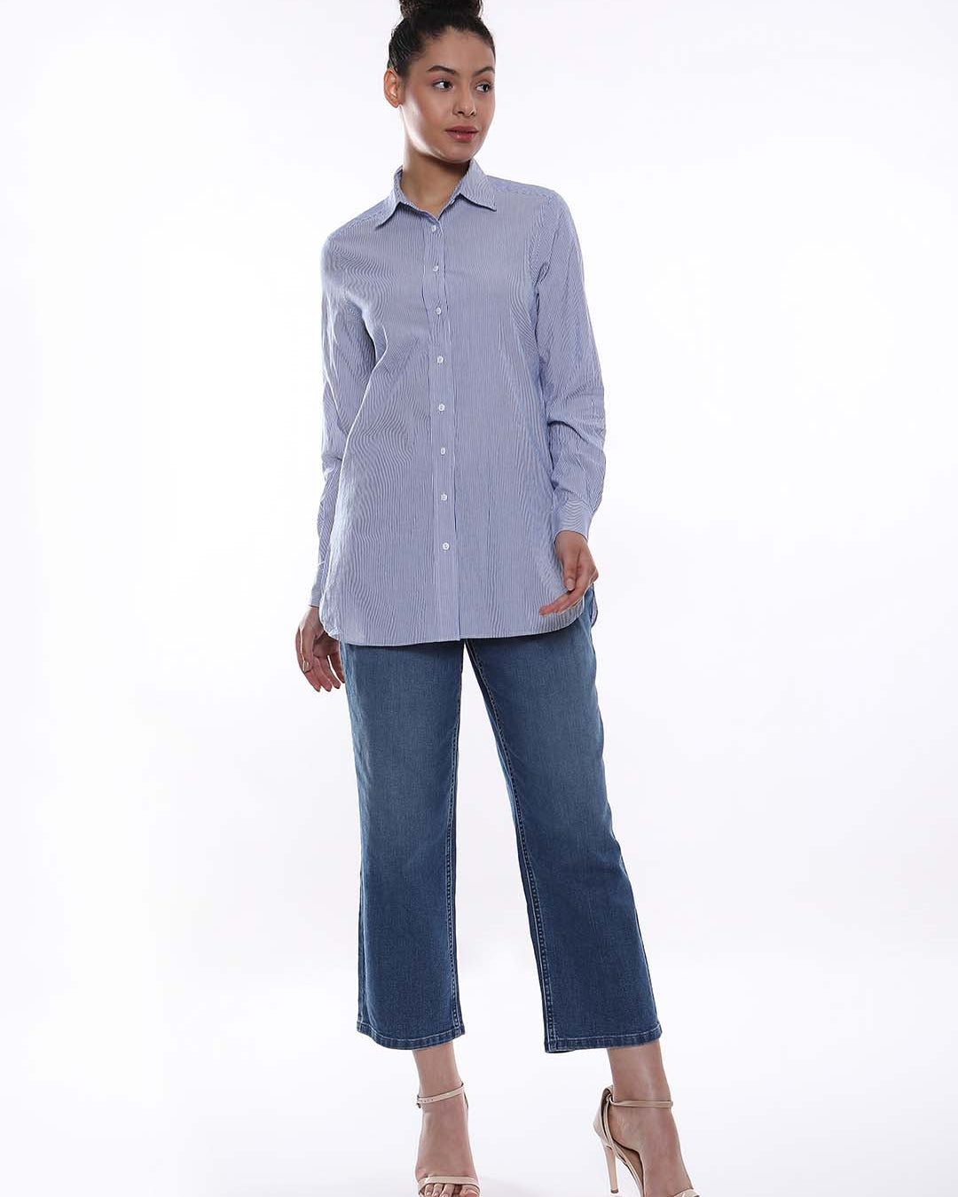 Amy Blue & White Striped Cotton Long Shirt for Women - Rome Fit from GAZILLION - Full Standing Stylised Look