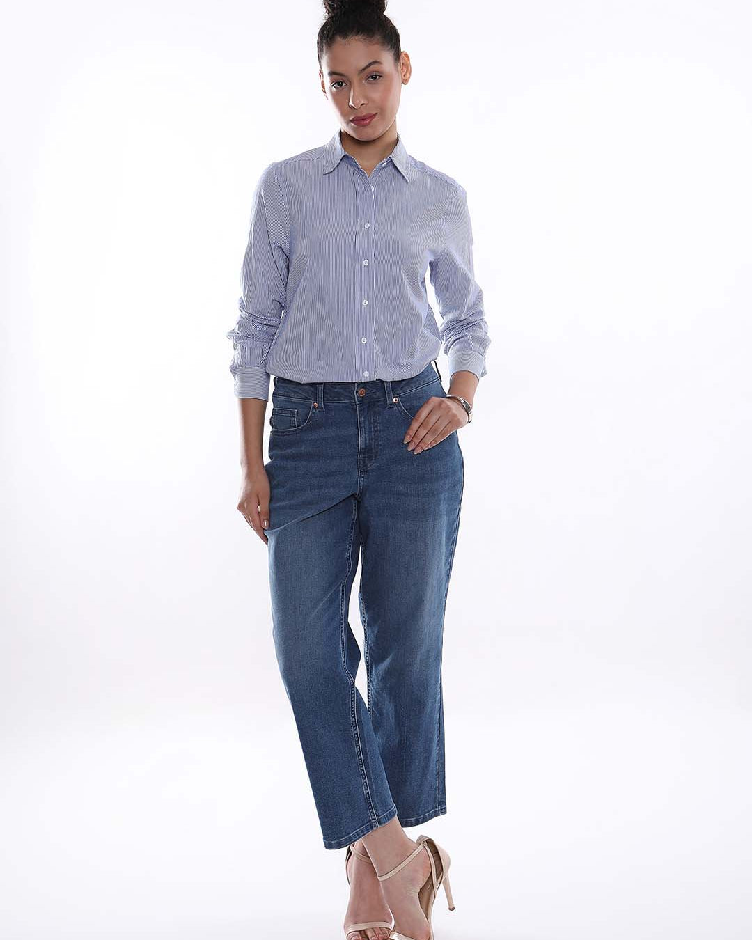 Amy Blue & White Striped Cotton Long Shirt for Women - Rome Fit from GAZILLION - Full Standing Stylised Look with Hand in Pocket