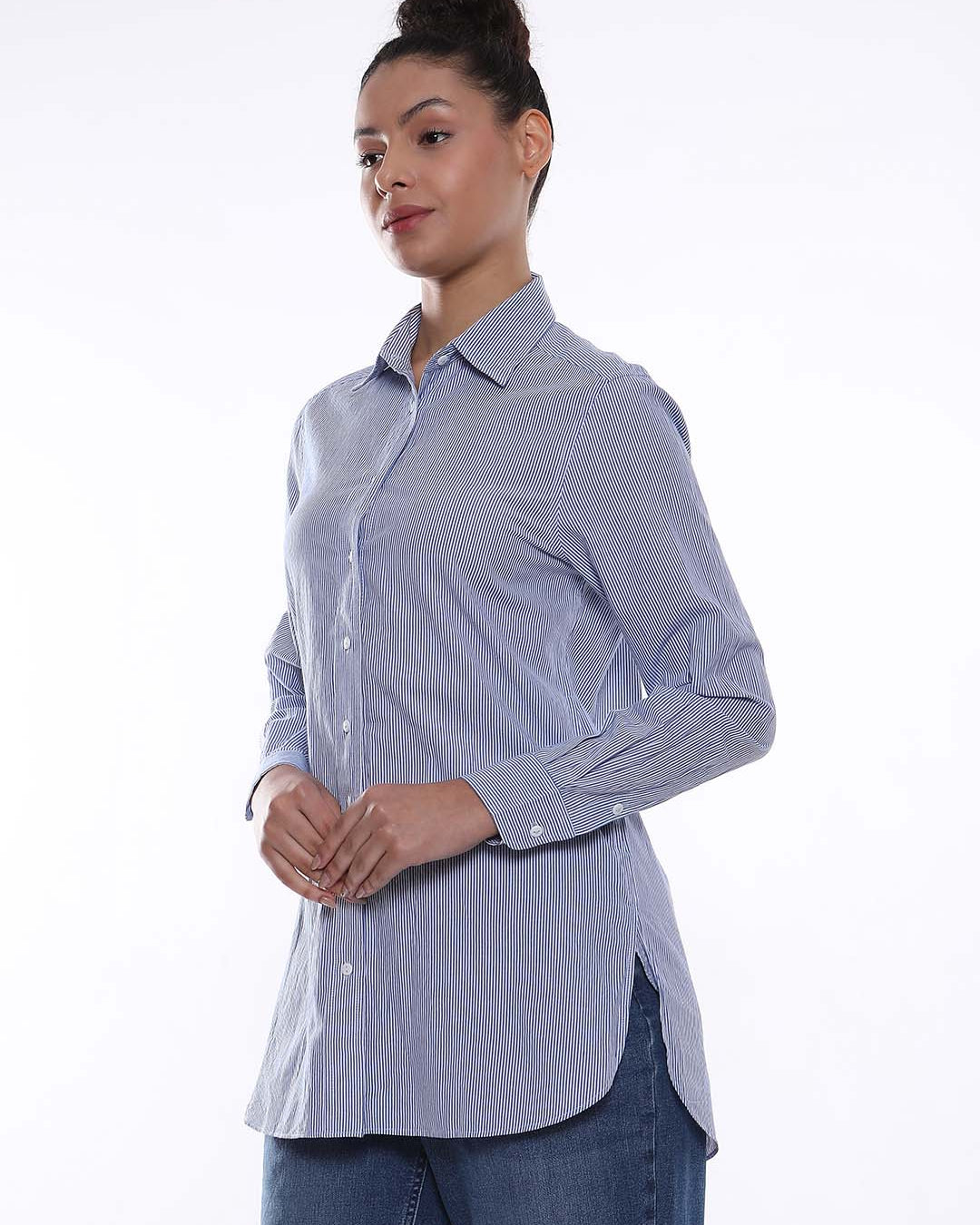 Amy Blue & White Striped Cotton Long Shirt for Women - Rome Fit from GAZILLION - Left Side Look