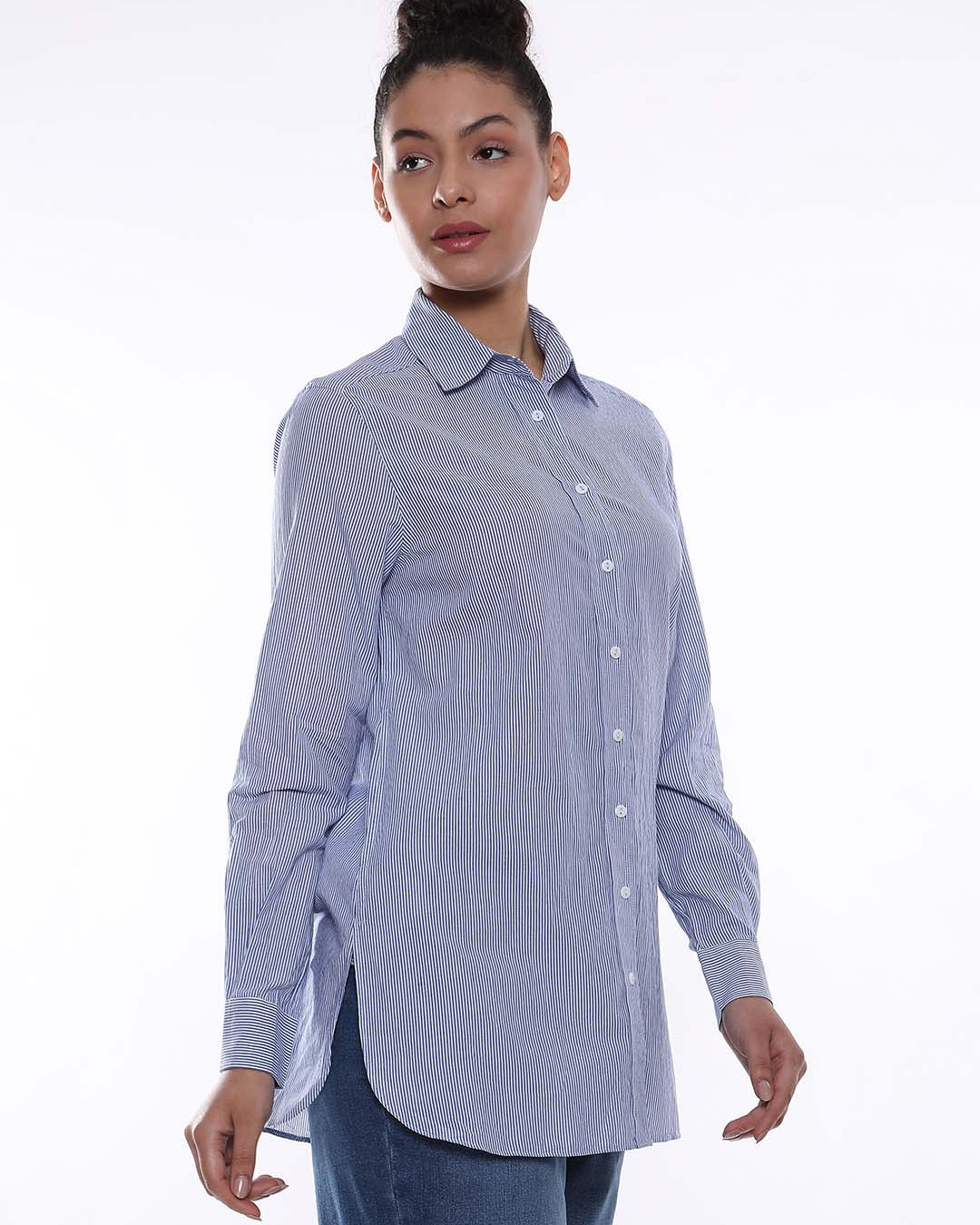 Amy Blue & White Striped Cotton Long Shirt for Women - Rome Fit from GAZILLION - Right Side Look