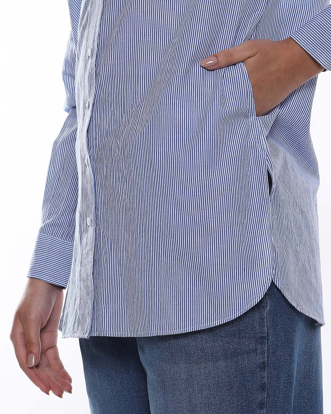 Amy Blue & White Striped Cotton Long Shirt for Women - Rome Fit from GAZILLION - Side Pocket Detail