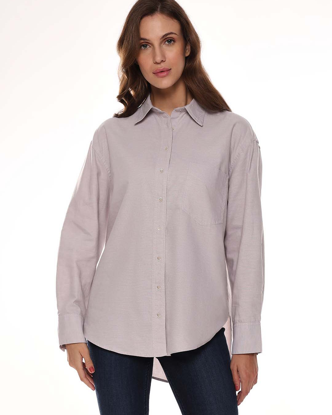 Andria Grey Oxford Cotton Oversized Shirt for Women - Brussels Fit from GAZILLION - Front Look