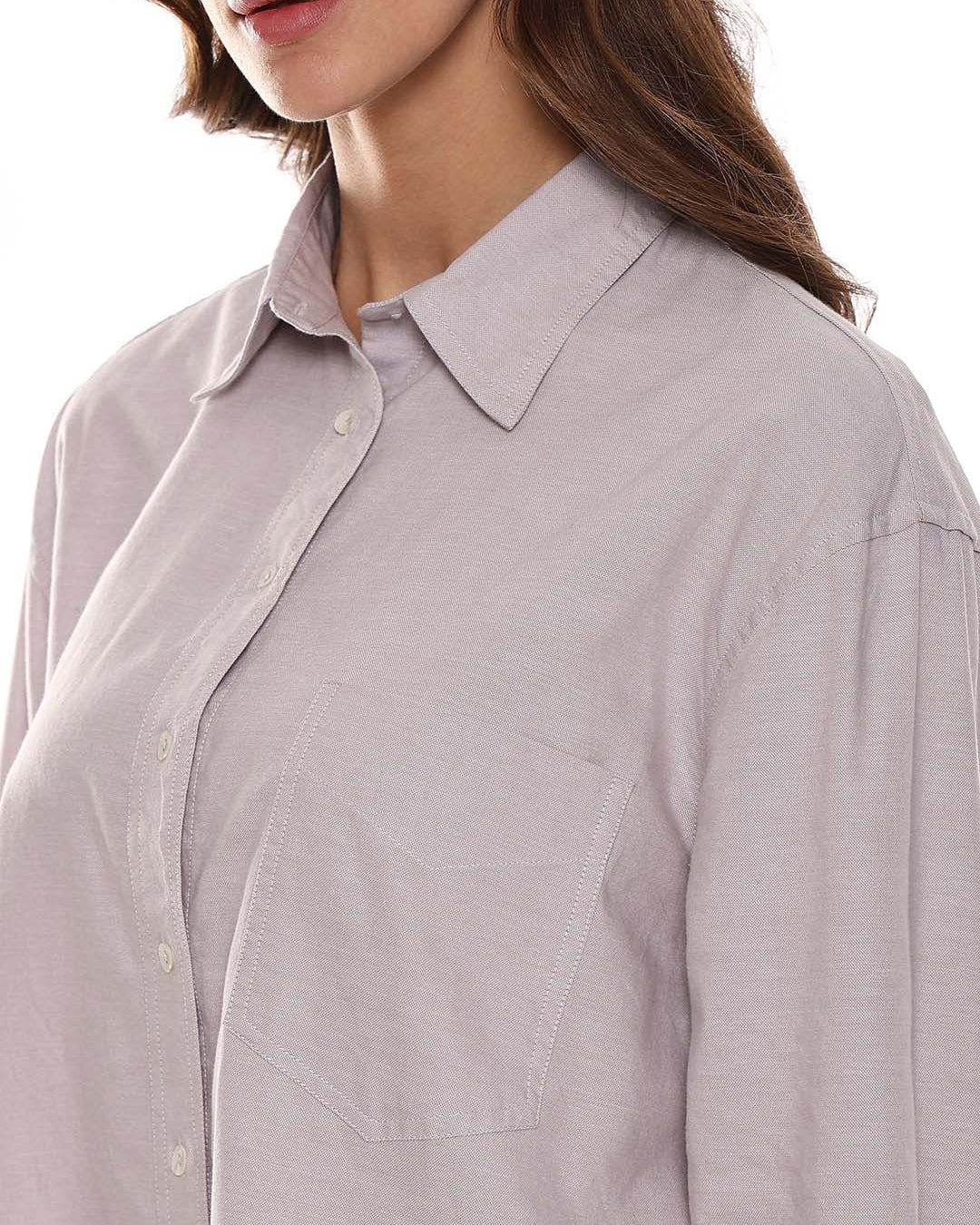 Andria Grey Oxford Cotton Oversized Shirt for Women - Brussels Fit from GAZILLION - Left Side Detail