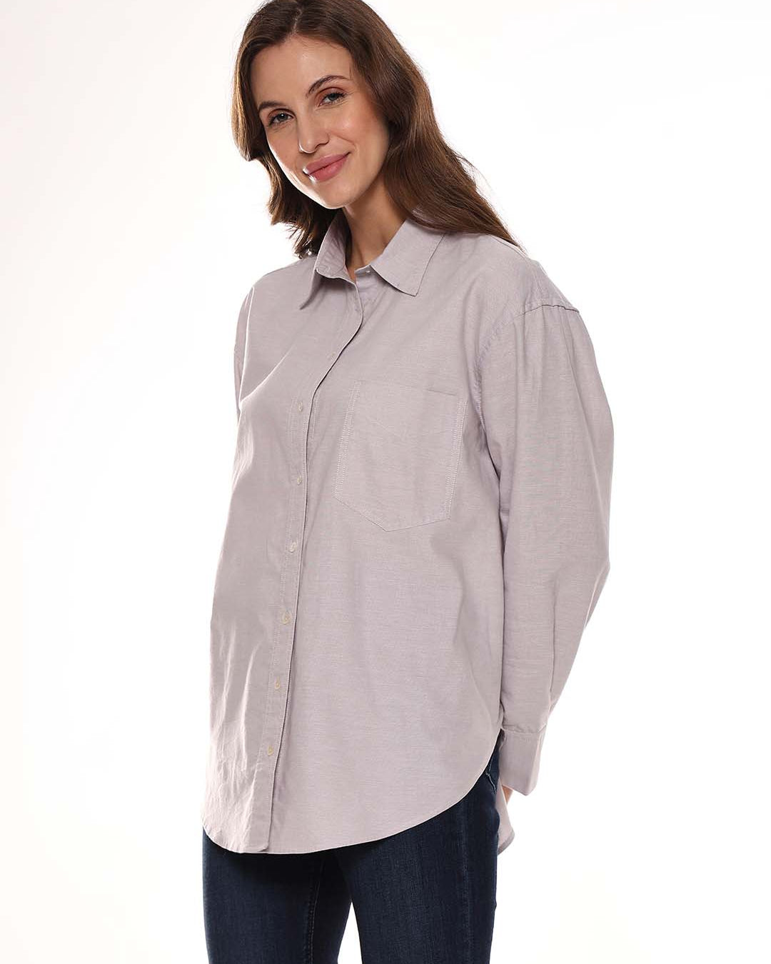 Andria Grey Oxford Cotton Oversized Shirt for Women - Brussels Fit from GAZILLION - Left Side Look