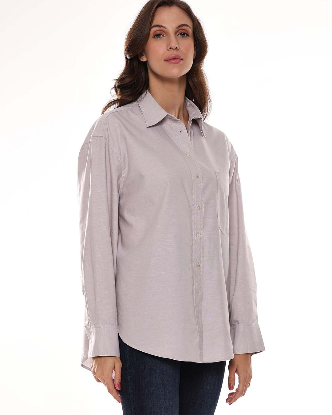 Andria Grey Oxford Cotton Oversized Shirt for Women - Brussels Fit from GAZILLION - Right Side Look
