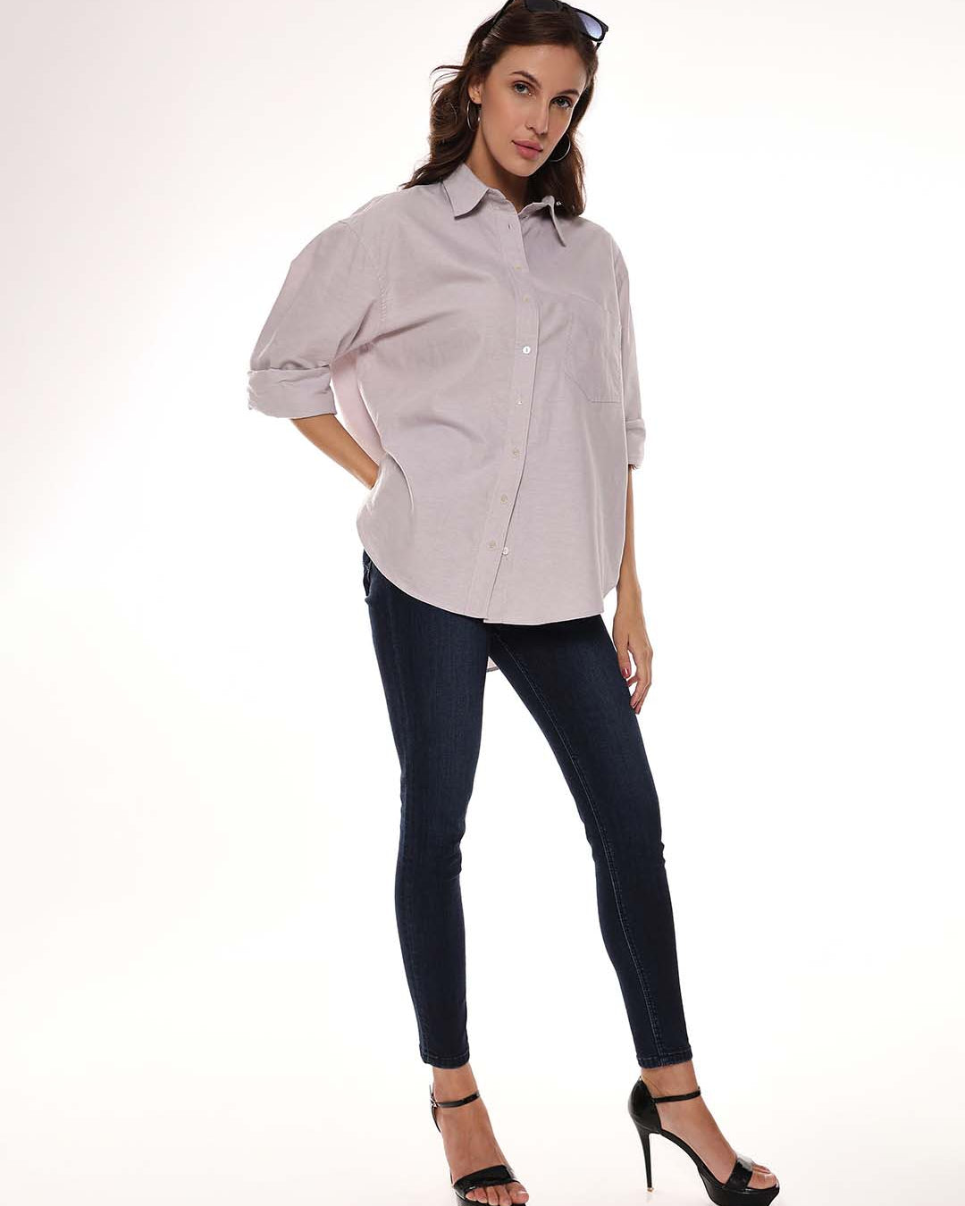 Andria Grey Oxford Cotton Oversized Shirt for Women - Brussels Fit from GAZILLION - Side Standing Stylised Look
