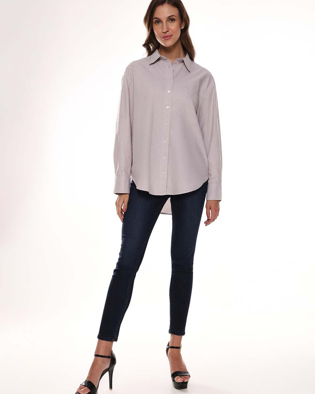 Andria Grey Oxford Cotton Oversized Shirt for Women - Brussels Fit from GAZILLION - Standing Stylised Look