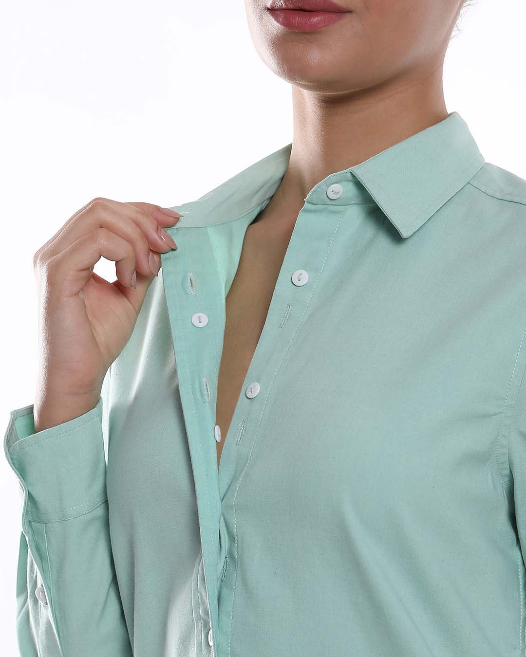 Anemone Mint Green Coloured Denim Long Shirt for Women - Rome Fit from GAZILLION - Dignity Buttons Detail