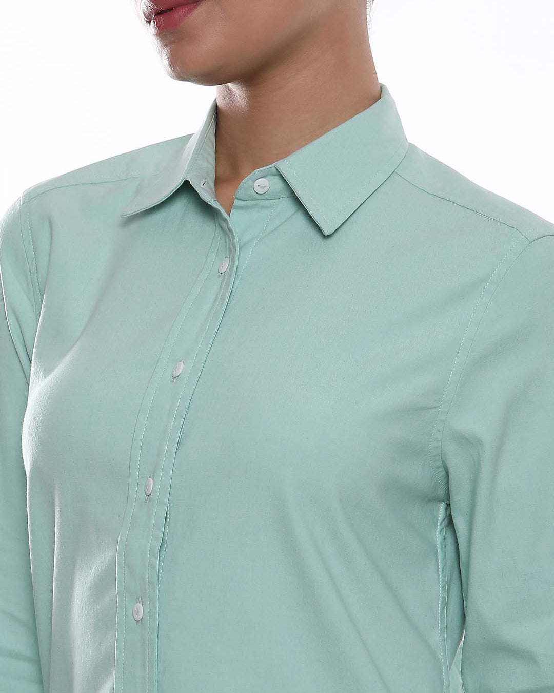 Anemone Mint Green Coloured Denim Long Shirt for Women - Rome Fit from GAZILLION - Front Detail