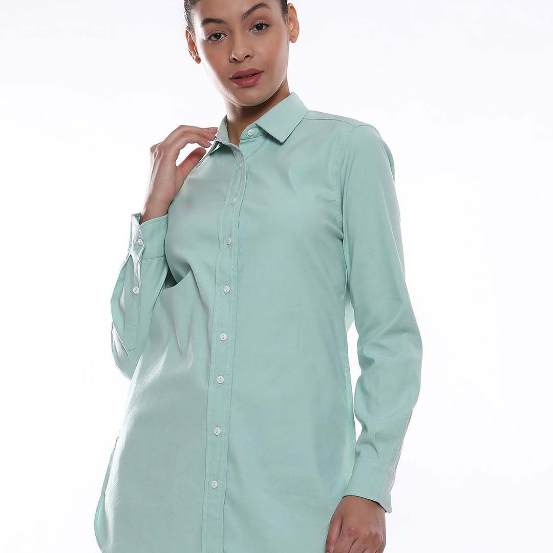 Anemone Mint Green Coloured Denim Long Shirt for Women - Rome Fit from GAZILLION - Front Look