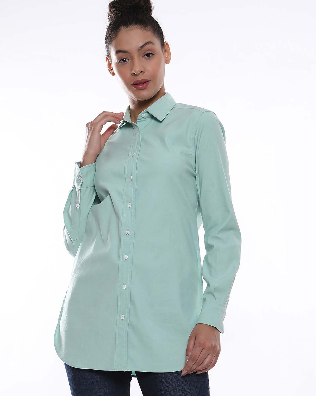 Anemone Mint Green Coloured Denim Long Shirt for Women - Rome Fit from GAZILLION - Front Look