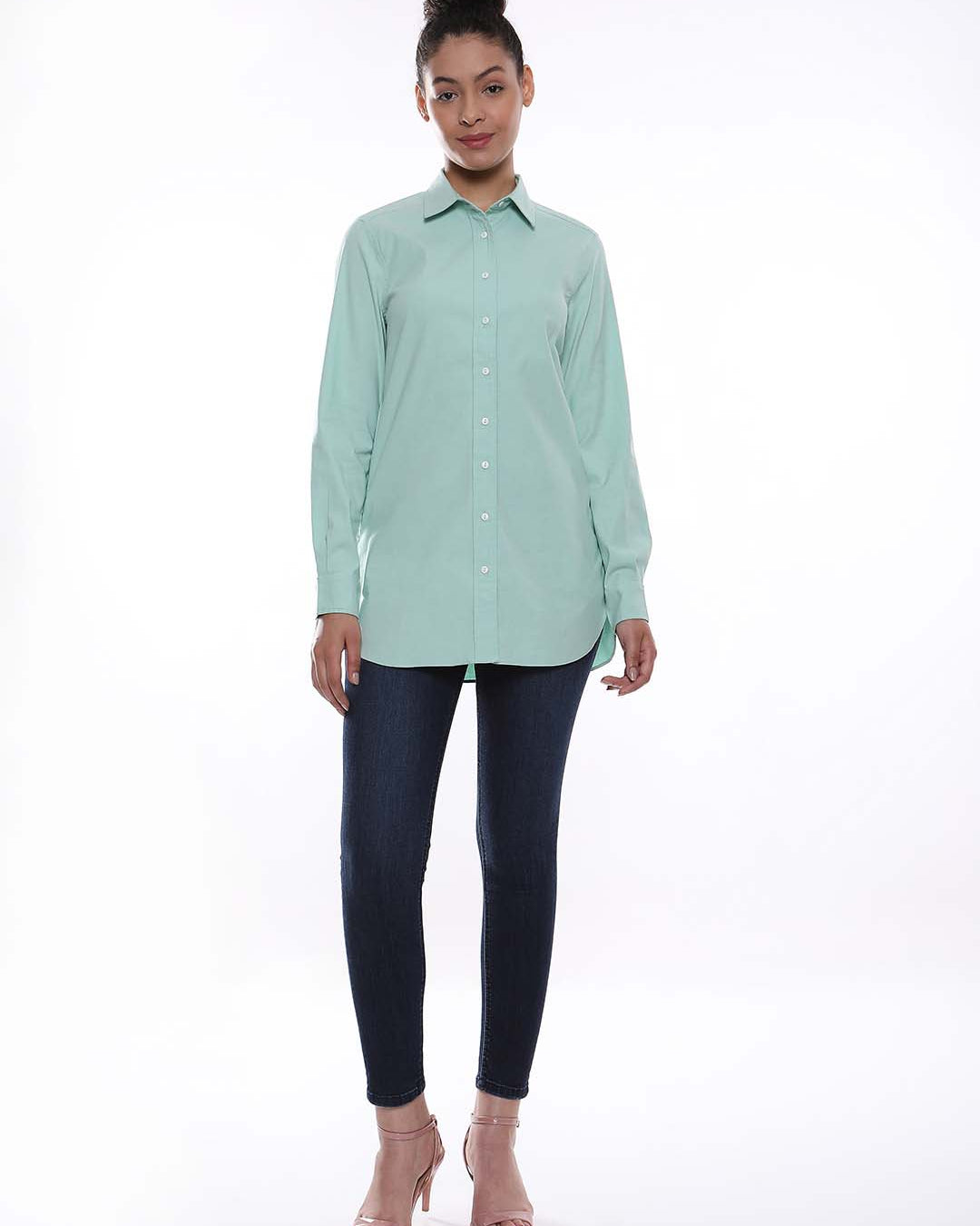 Anemone Mint Green Coloured Denim Long Shirt for Women - Rome Fit from GAZILLION - Standing Stylised Look With Accessories