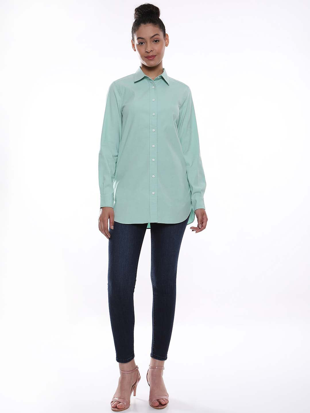 Anemone Mint Green Coloured Denim Long Shirt for Women - Rome Fit from GAZILLION - Standing Stylised Look With Accessories
