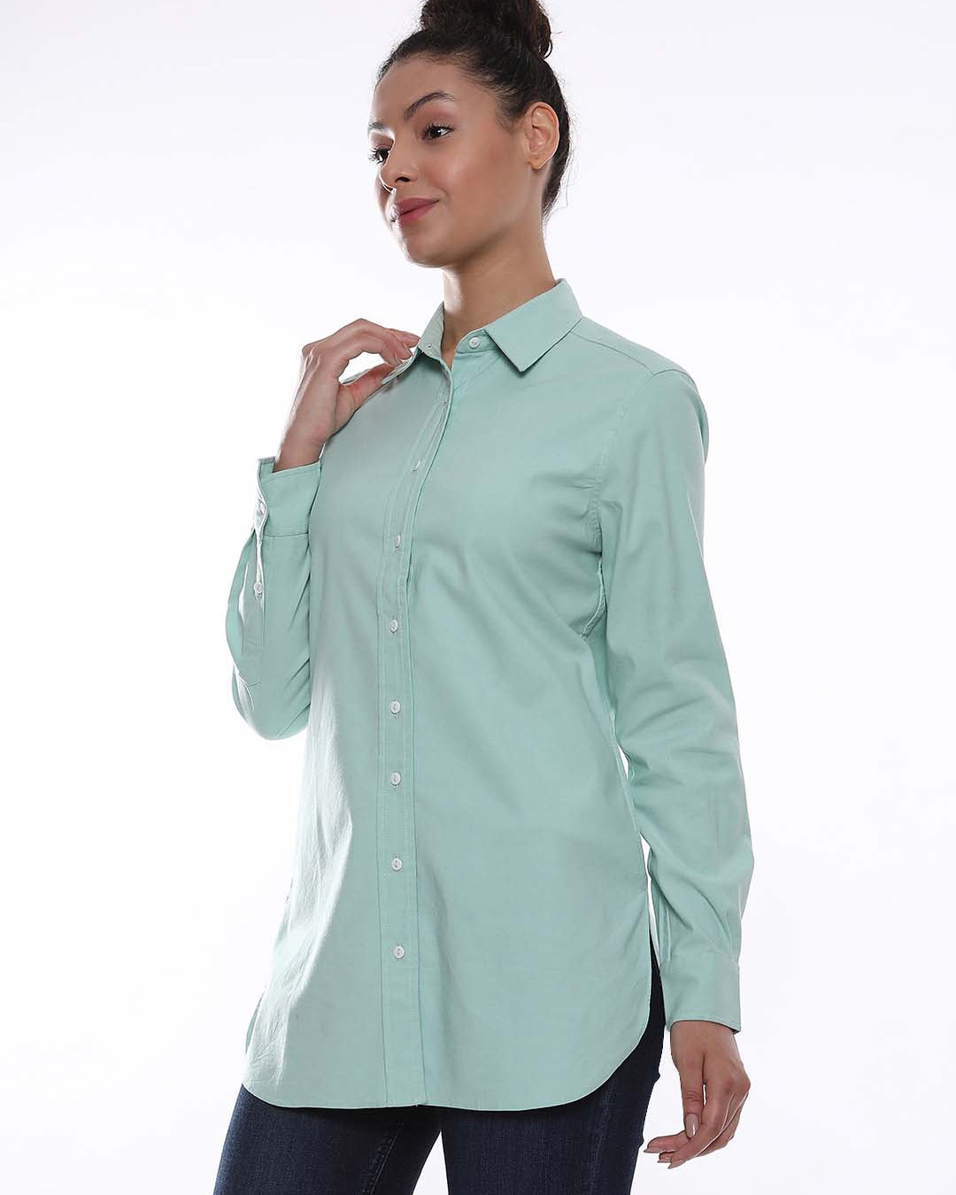 Anemone Mint Green Coloured Denim Long Shirt for Women - Rome Fit from GAZILLION - Left Side Look