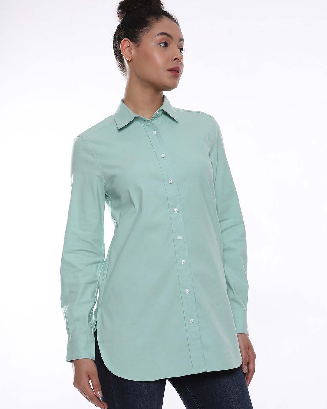 Anemone Mint Green Coloured Denim Long Shirt for Women - Rome Fit from GAZILLION - Right Side Look