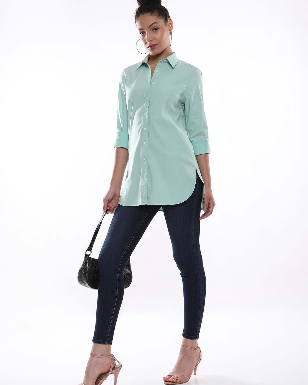 Anemone Mint Green Coloured Denim Long Shirt for Women - Rome Fit from GAZILLION - Standing Stylised Look With Accessories