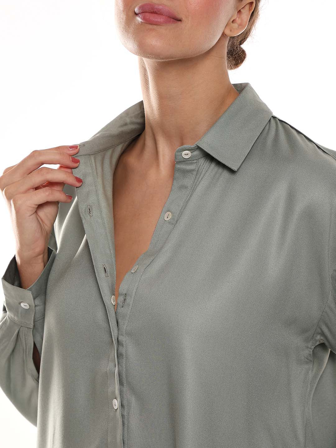Angel Sage Green Soft Viscose Drop Shoulder Shirt for Women - Paris Fit from GAZILLION - Dignity Buttons Detail