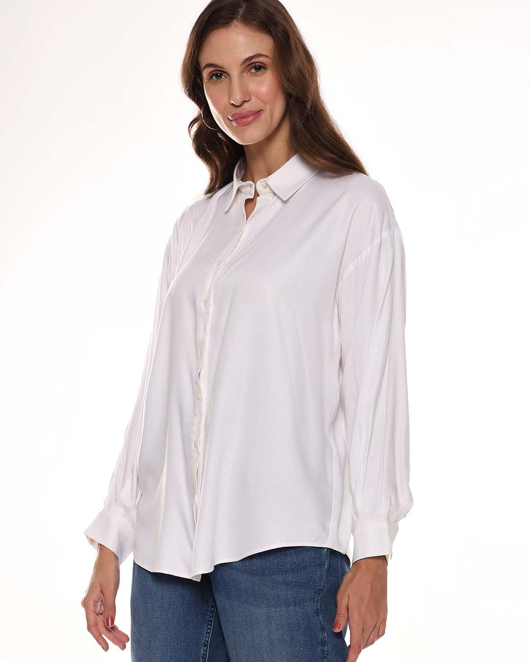 Angel White Soft Viscose Drop Shoulder Shirt for Women - Paris Fit from GAZILLION - Left Side Look