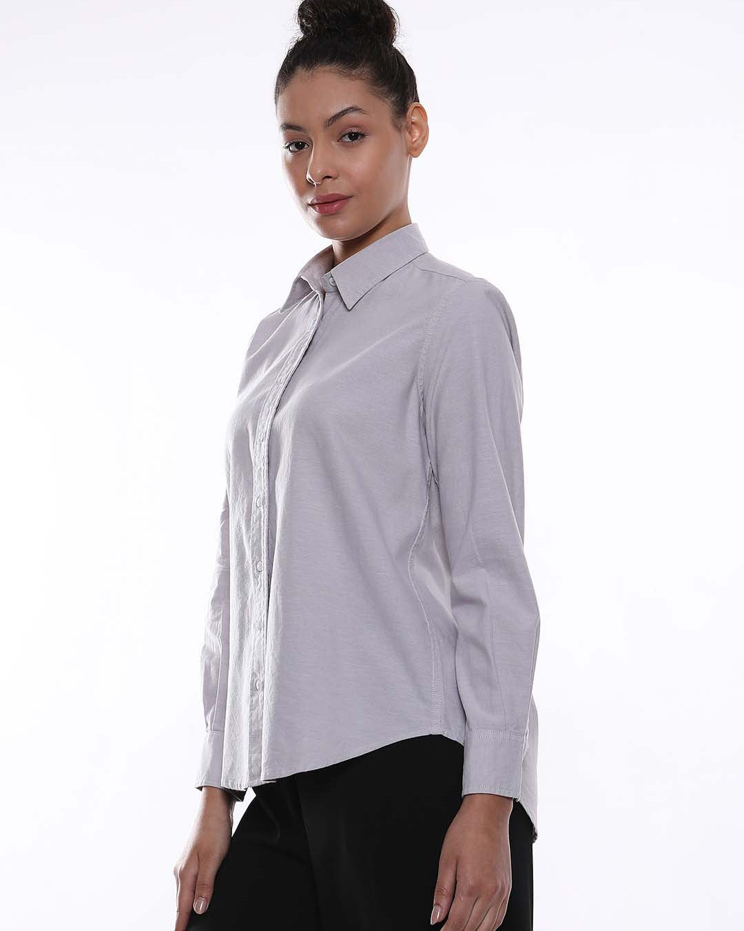Aria Grey Oxford Cotton Shirt for Women - Zurich fit from GAZILLION - Left Side Look