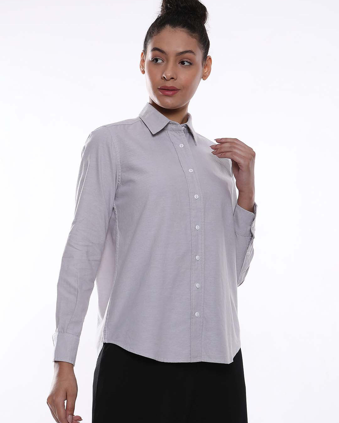 Aria Grey Oxford Cotton Shirt for Women - Zurich fit from GAZILLION - Right Side Look