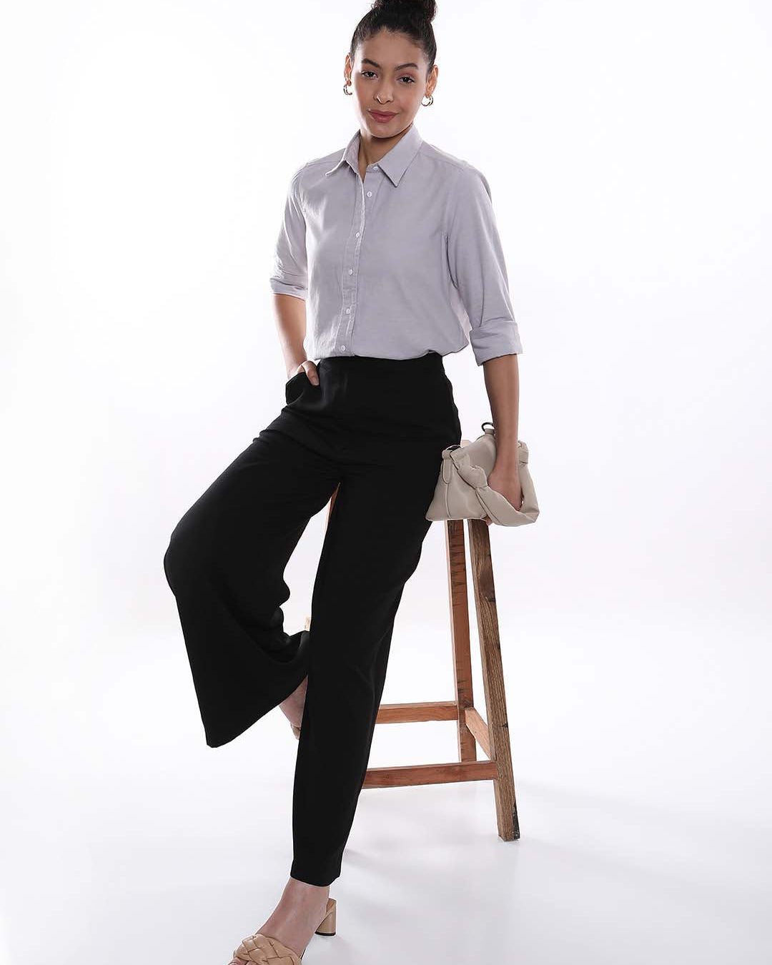 Aria Grey Oxford Cotton Shirt for Women - Zurich fit from GAZILLION - Standing Stylised Look With Accessories