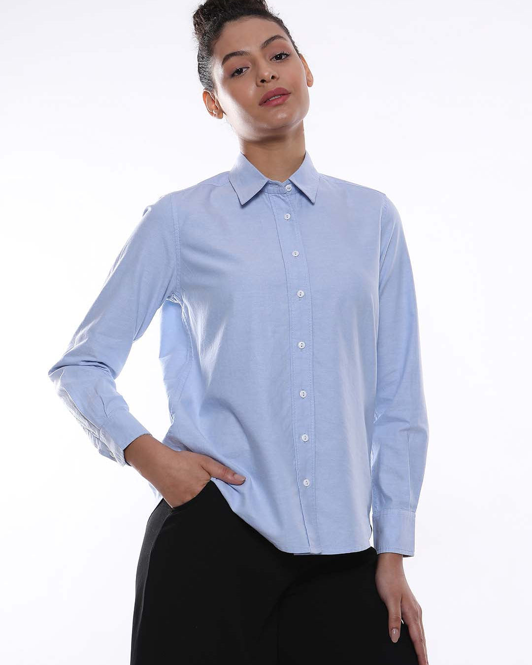 Aria Sky Blue Oxford Cotton Shirt for Women - Zurich fit from GAZILLION - Front Look