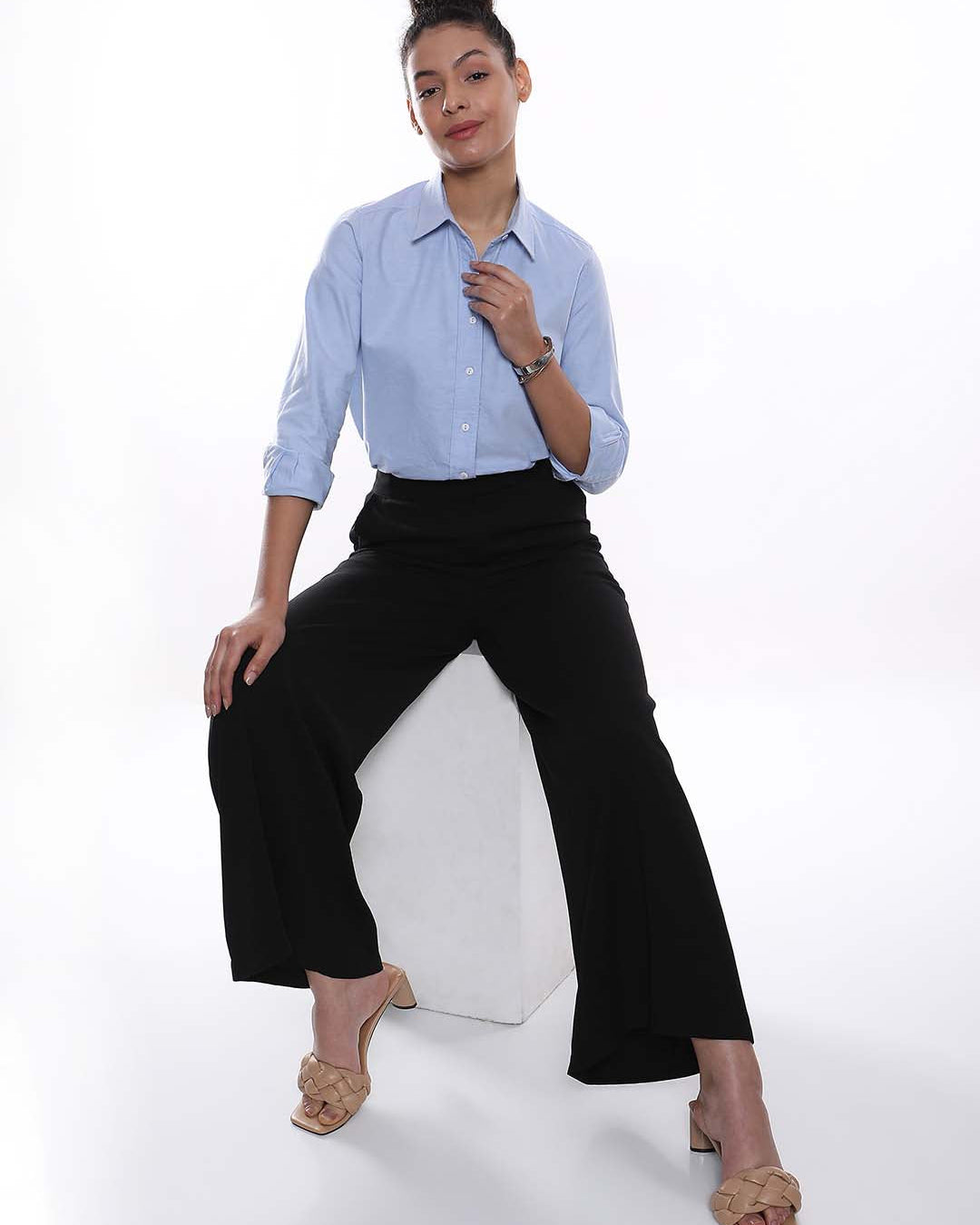 Aria Sky Blue Oxford Cotton Shirt for Women - Zurich fit from GAZILLION - Seated Stylised Look